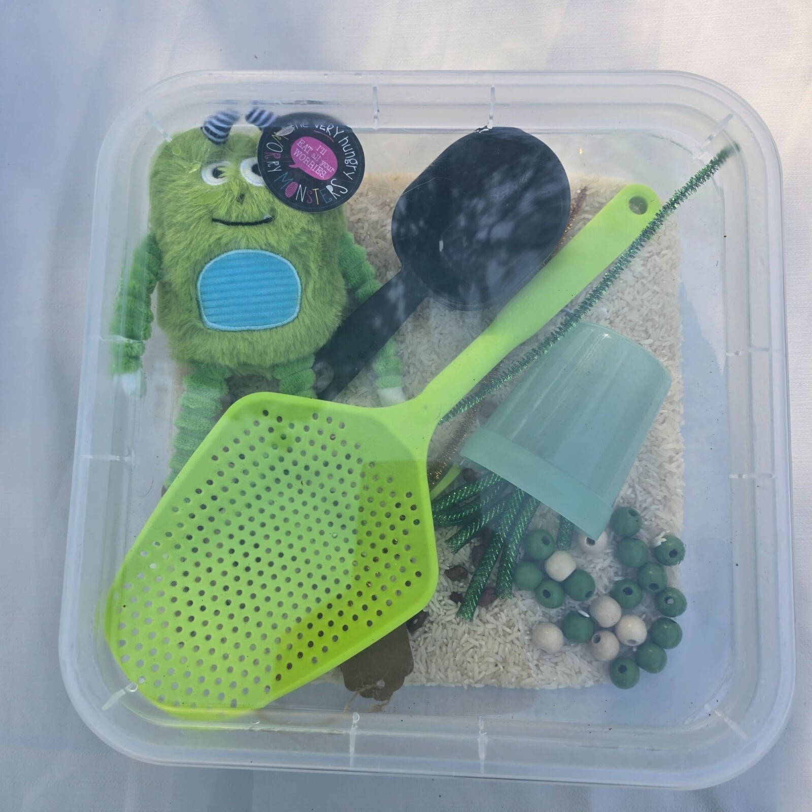 Sensory Play Kit With Monster Toy Scoops Strainer Beads & Rice In Clear Plastic