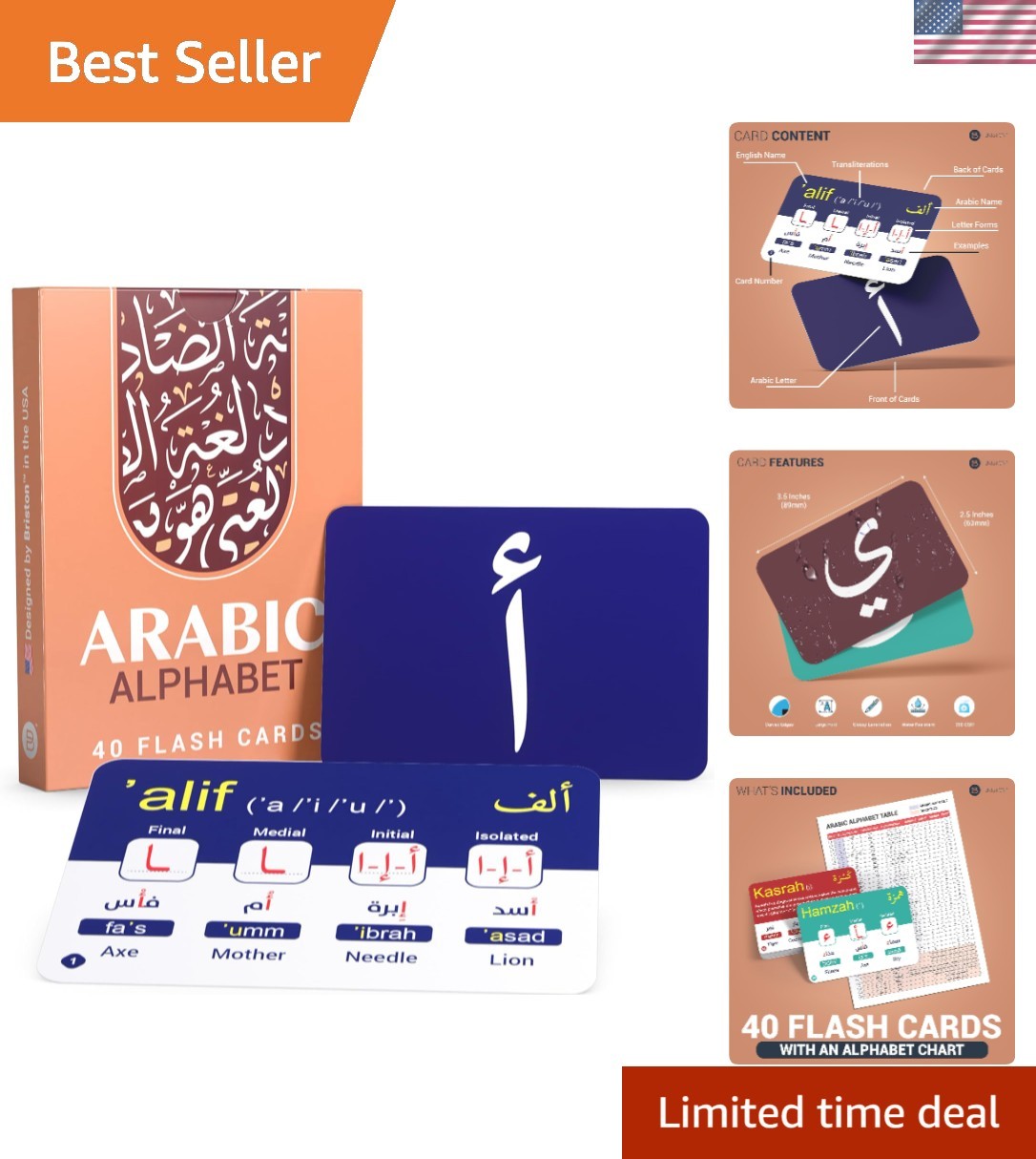 Arabic Alphabet Flash Cards Set – 40 Durable Cards with Audio & Learning Chart