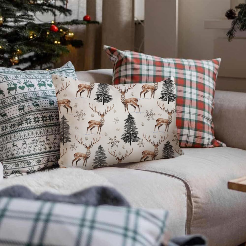 AACORS Winter Pillow Cover 12×20 Inch Reindeer Trees Snowflake Decoration