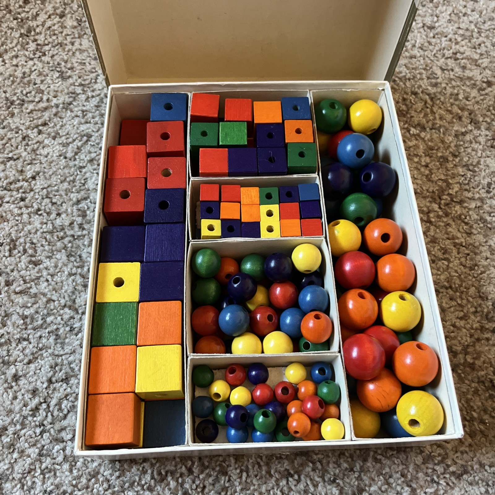Vintage teaching visual-motor skills Or Crafts, Wooden Colored Cube & Beads.