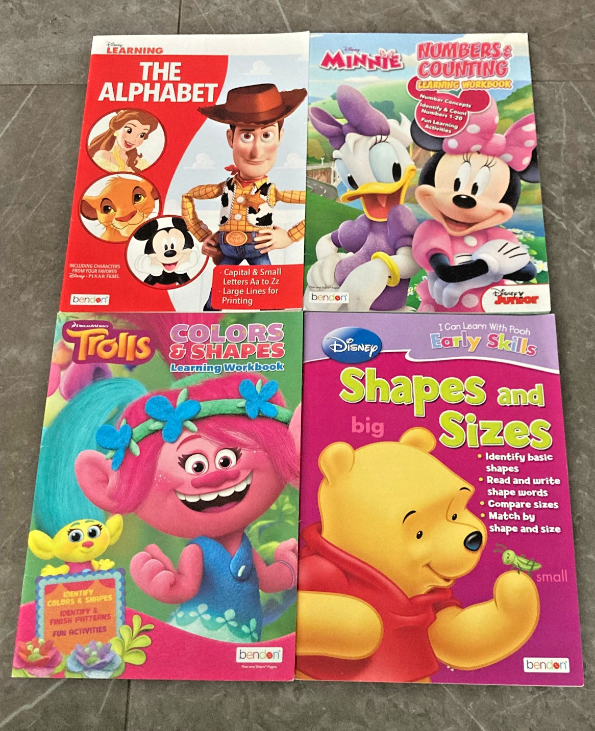 4x Disney Alphabet, Numbers, Shapes/Sizes + Trolls Colors/Shapes Workbooks