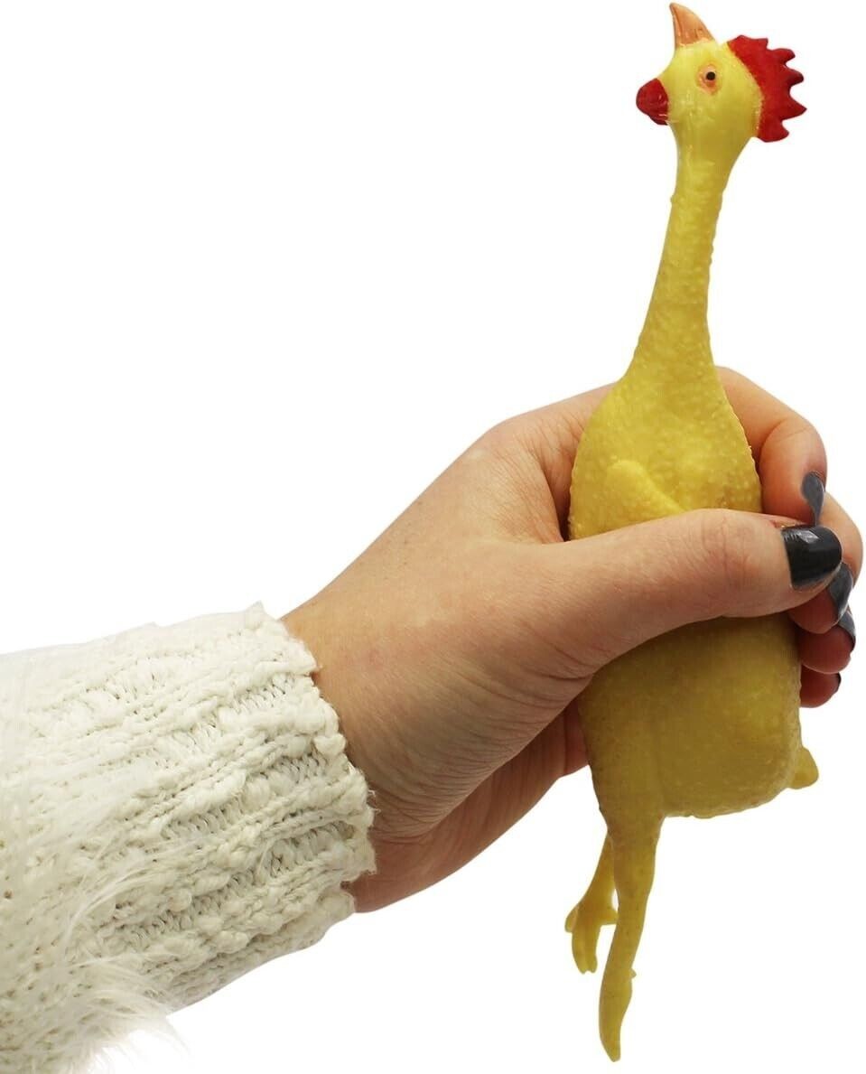 4 STRETCH RUBBER CHICKEN 8″ GAG GIFT STRETCHABLE SQUEEZE STRESS RELIEF TOY PARTY