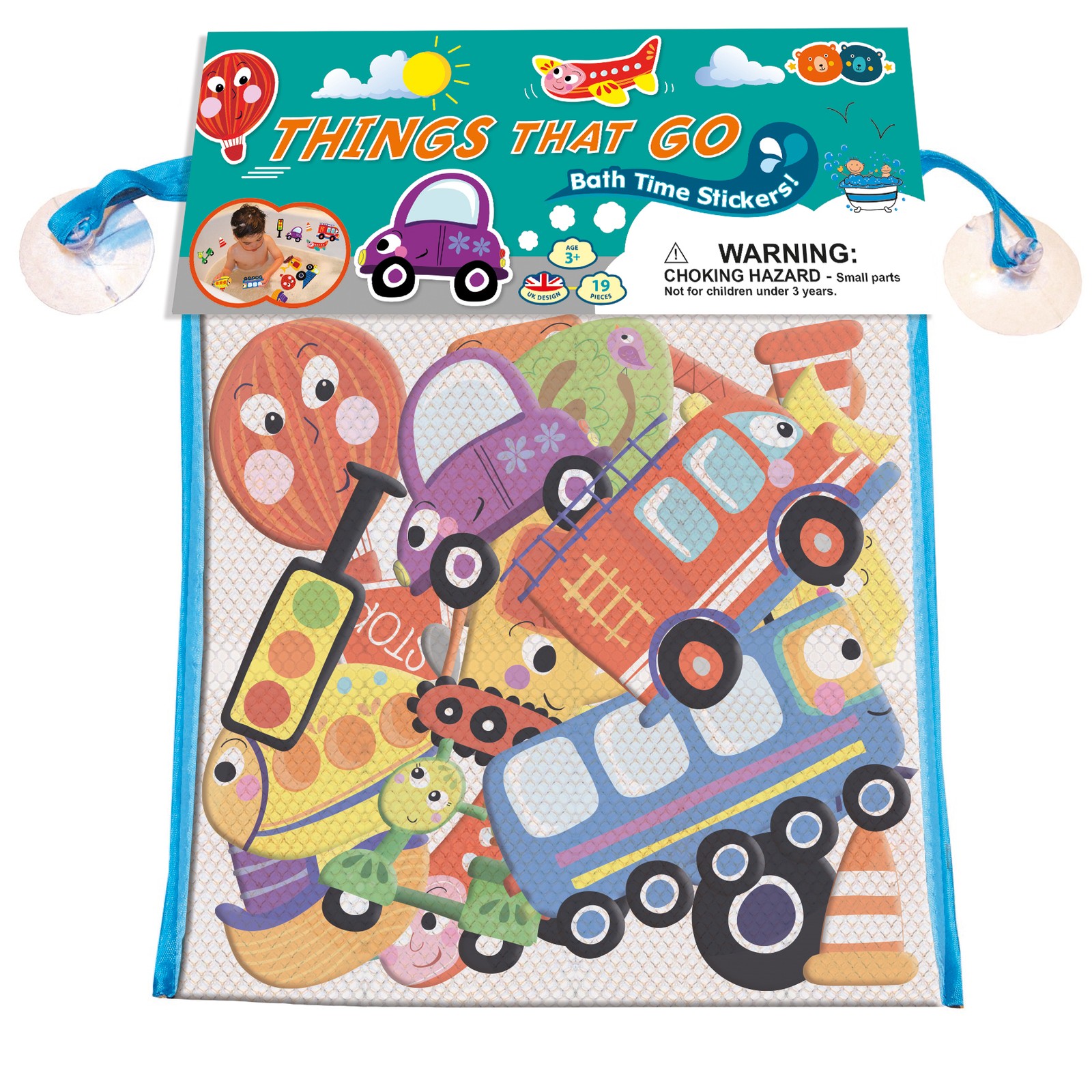 Bath Time Stickers Things That Go, Cars, Boats Foam Play Pieces With Storage Bag