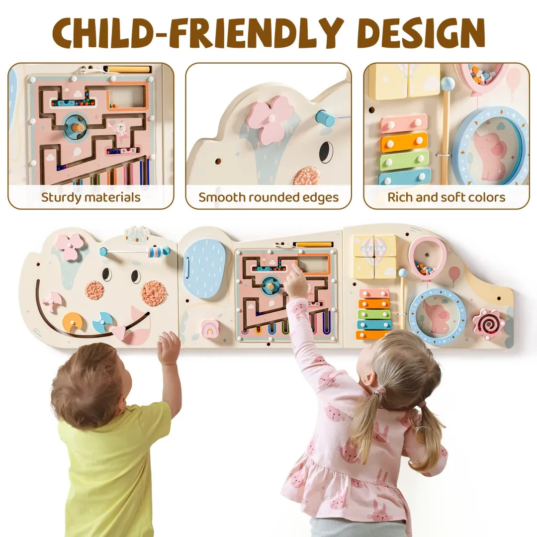 ROBUD Wooden Cream Elephant Busy Board Montessori Sensory Wall Toy for 1-3 kids