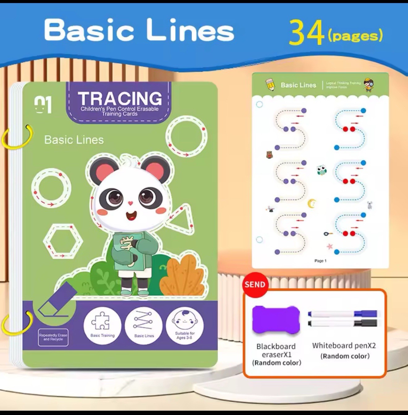 Tracing Pen Control Erasable Training Cards Panda Numbers & Letters Ages 3-8