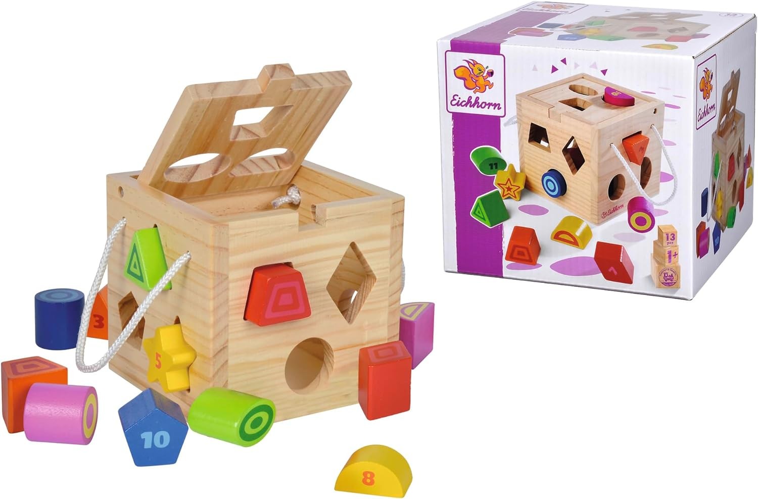 Eichhorn Wooden Shape Sorting Cube with 12 Colourful Blocks with Number and Lett