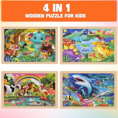 4 Packs 24 PCs Wooden Puzzles for Kids Ages 3-5, Montessori Toddler Animal