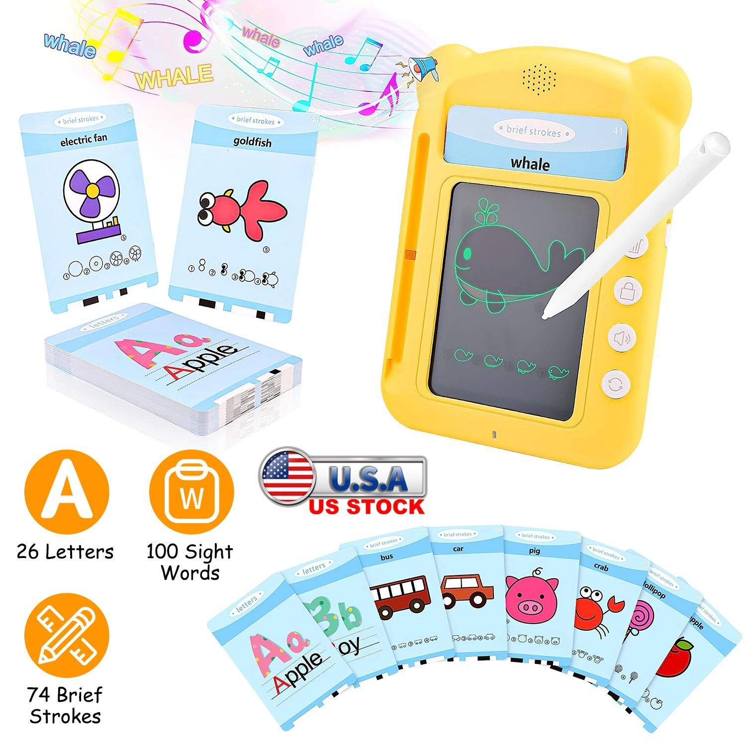 100 Words Talking Flash Cards 5.5″ Toddler LCD Writing Tablet w/ 50 Double-sided