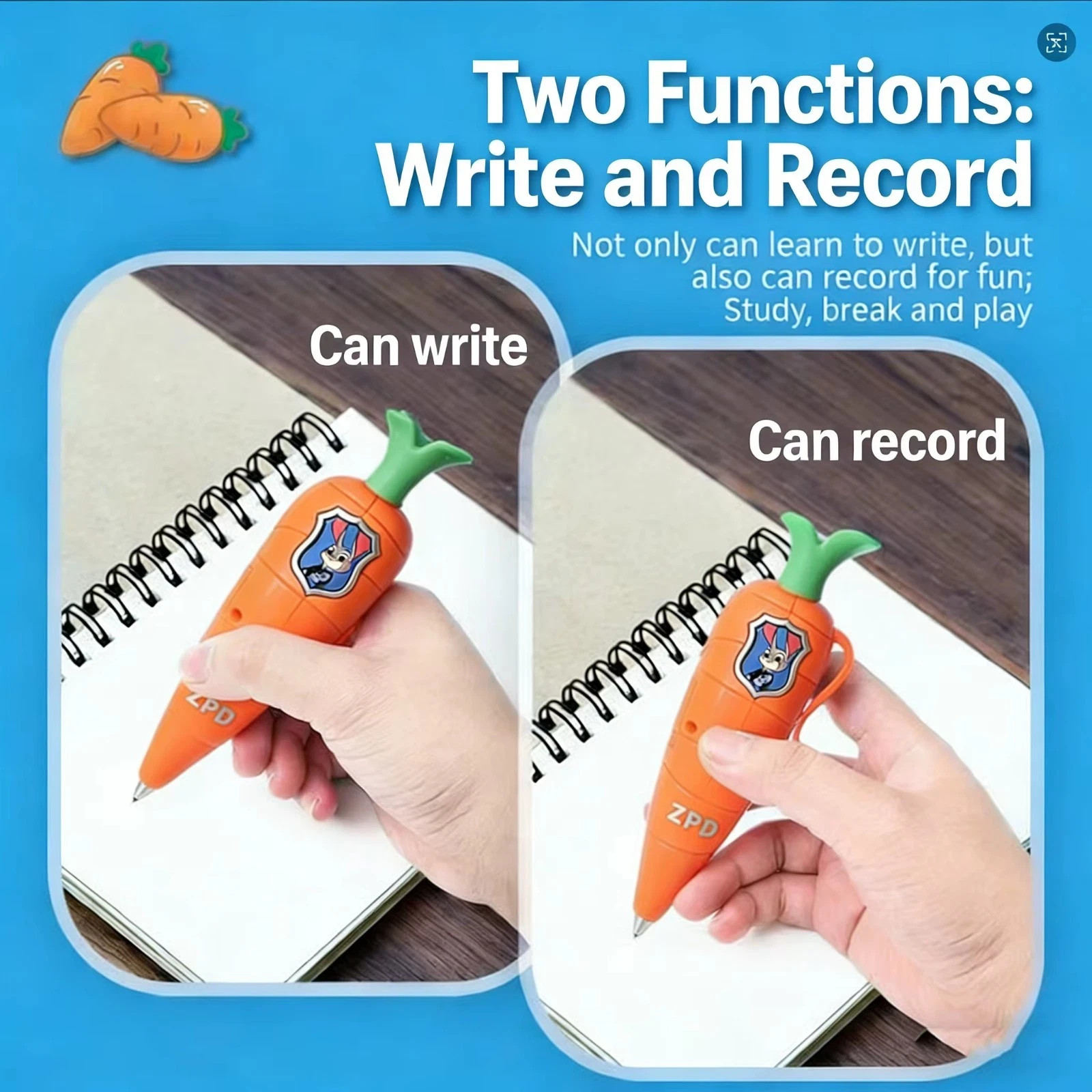 Mini Voice Recorder Pen Carrot Design 60 Second Recording Toy Gift