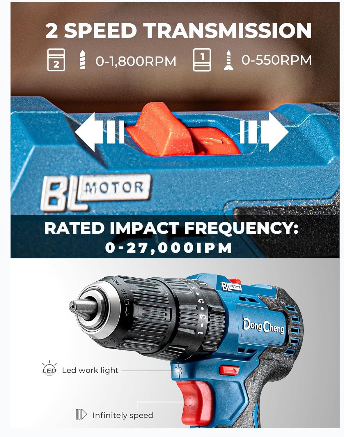 Dong Cheng 20V Brushless Heavy-duty Impact Drill, 443 in-lbs, 27000 IPM