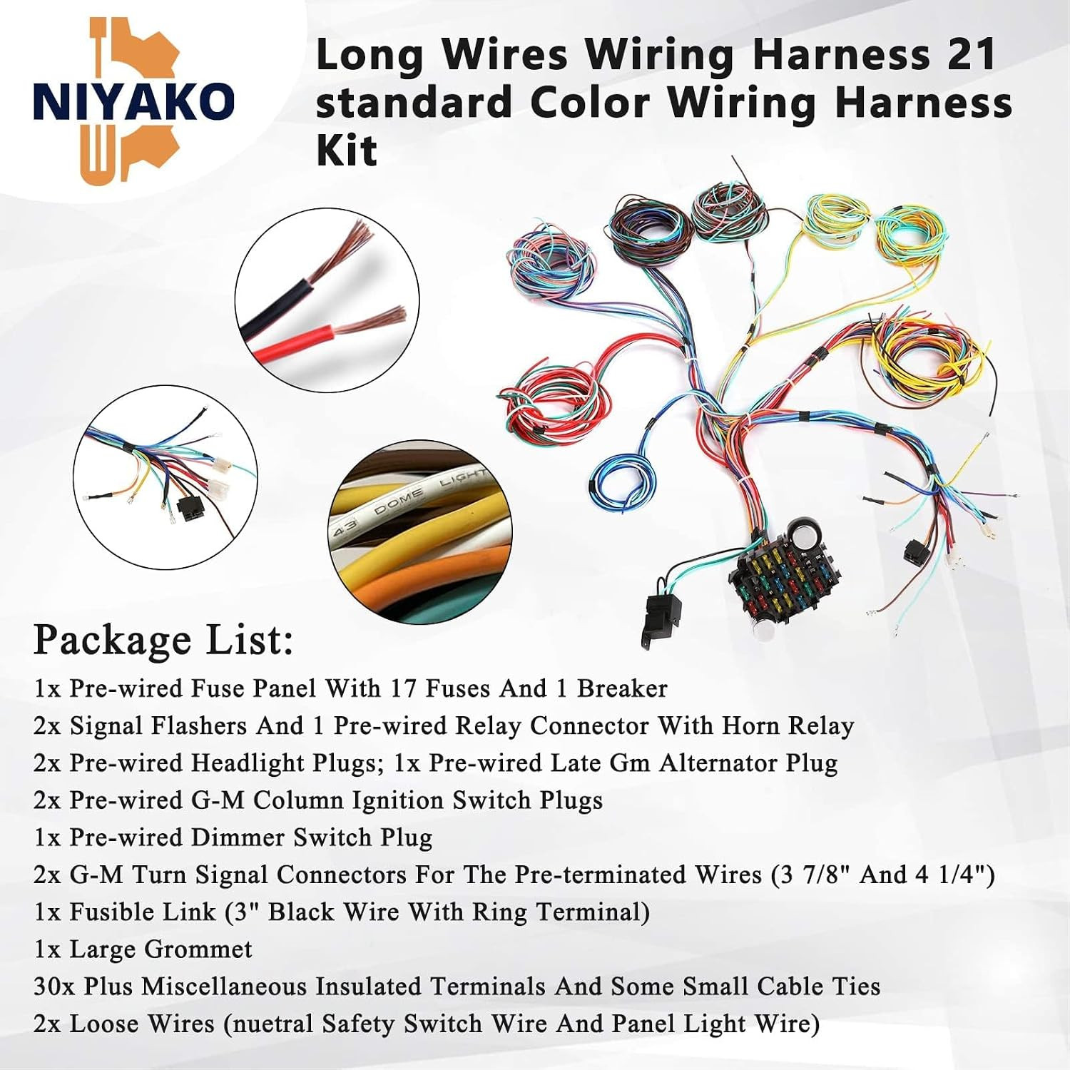 Universal 21 Circuit Wiring Harness Kit, Extra Long Wire Standard Color 17 Fuses