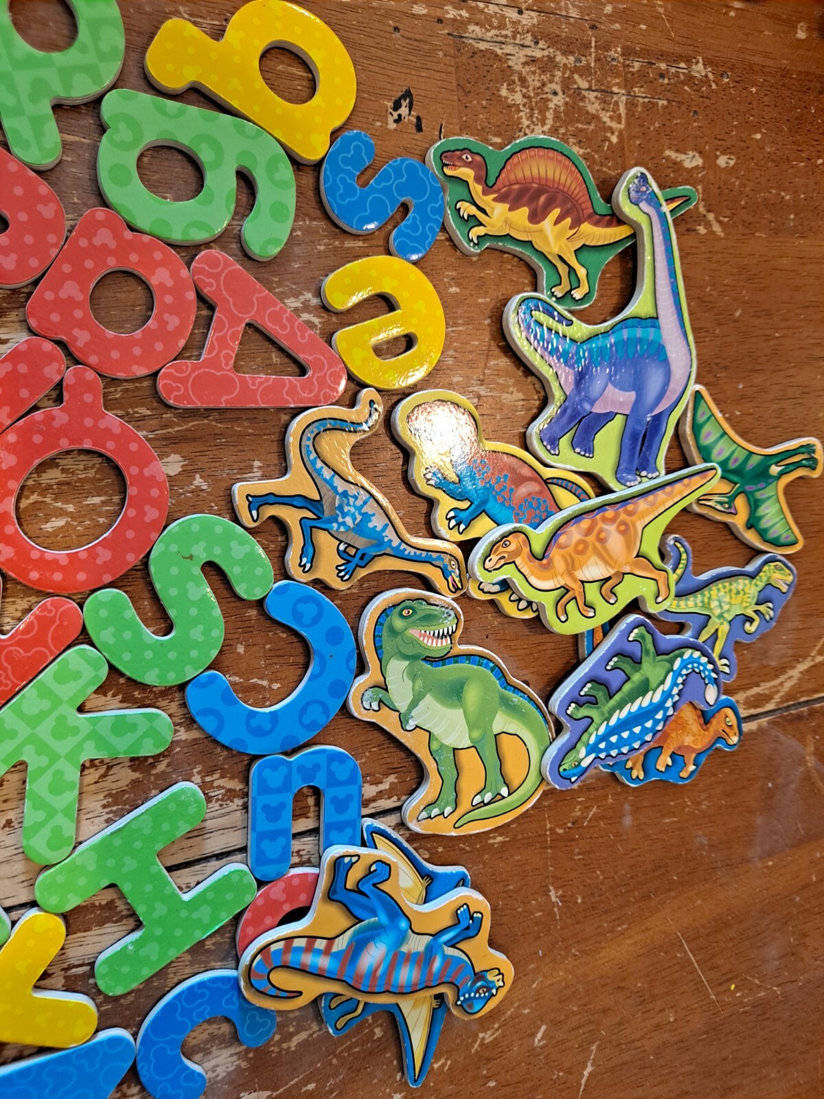 Lot of 45 Wood Alphabet Magnetic Letters and 12 Dinosaurs
