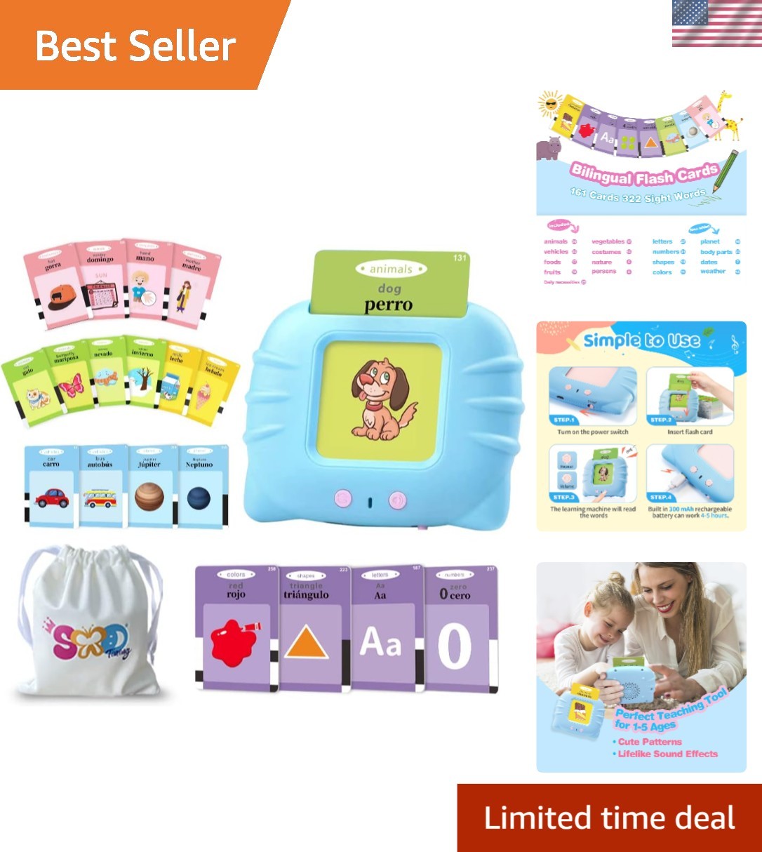 Talking Spanish & English Flash Cards – Fun Learning for Ages 2-8, 112 Pieces