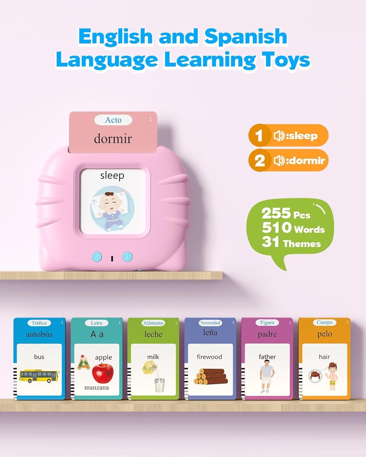 Talking Flash Cards for Kids: 510 Interactive Words in Pink – English & Spanish