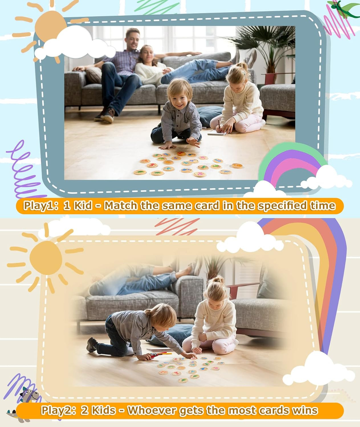 Wooden Match Memory Game for Kids, 24Pc Memory Matching Cards, Educational Memor