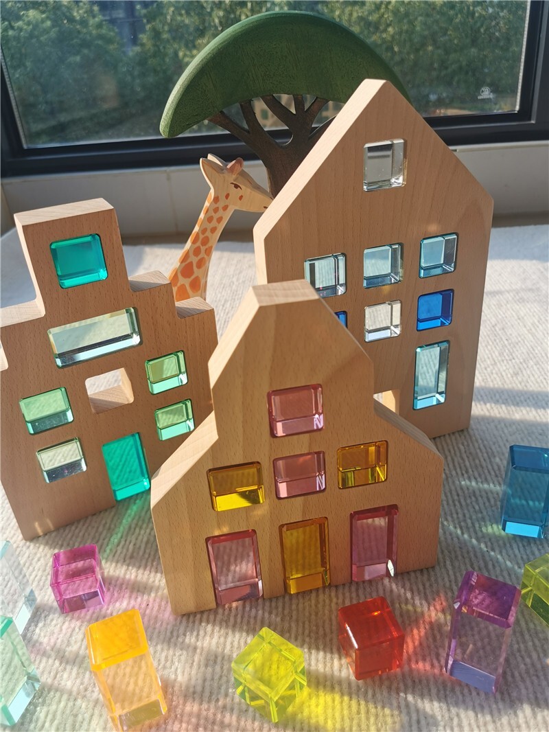 Dutch wooden houses with acrylic cubes, sensory toy set