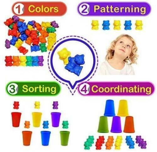 Rainbow Counting Bears w/ Matching Sorting Cups 67 Pcs Set + Storage Bag STEM _C