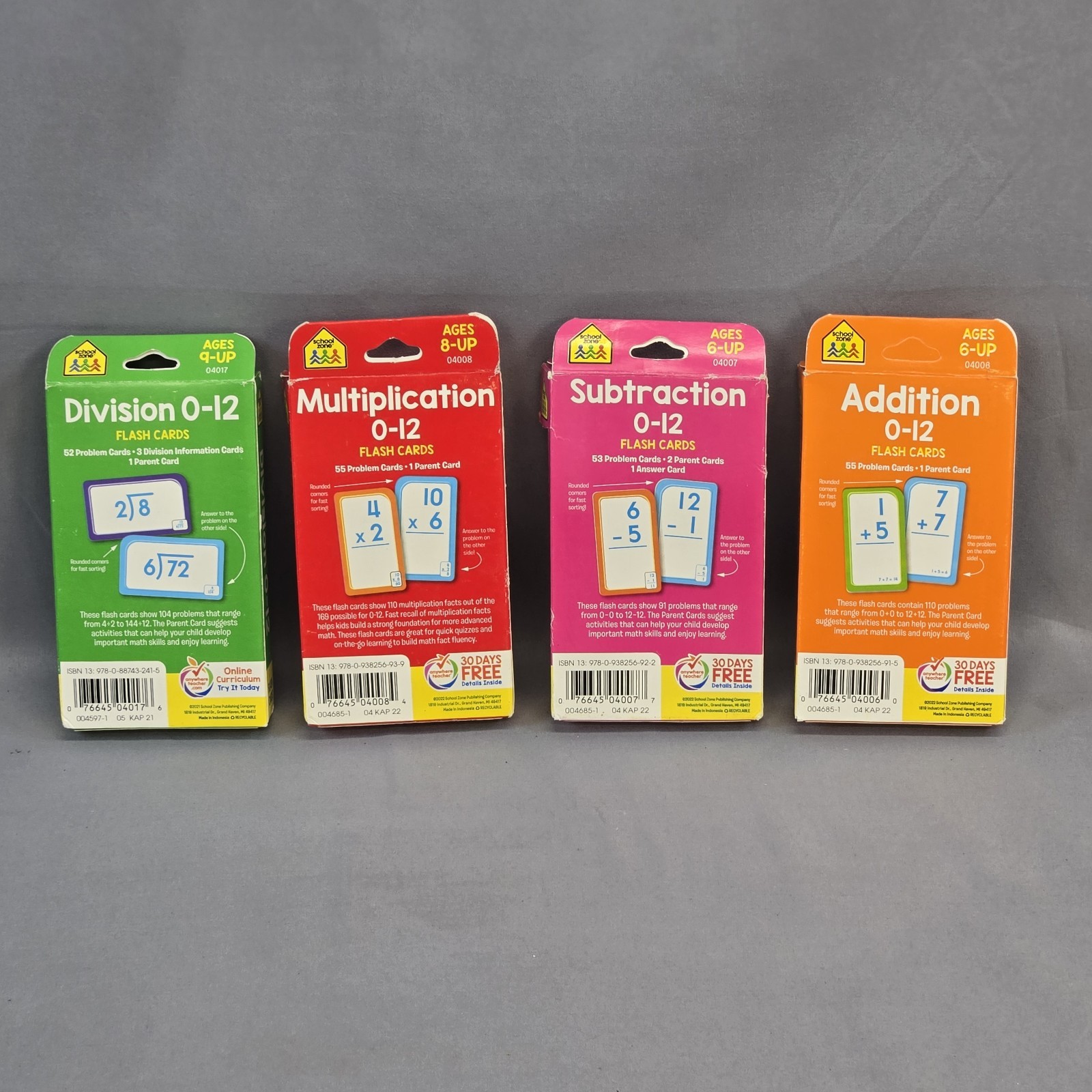School Zone Division, Multiplication, Addition, Subtraction 0-12 Flash Cards