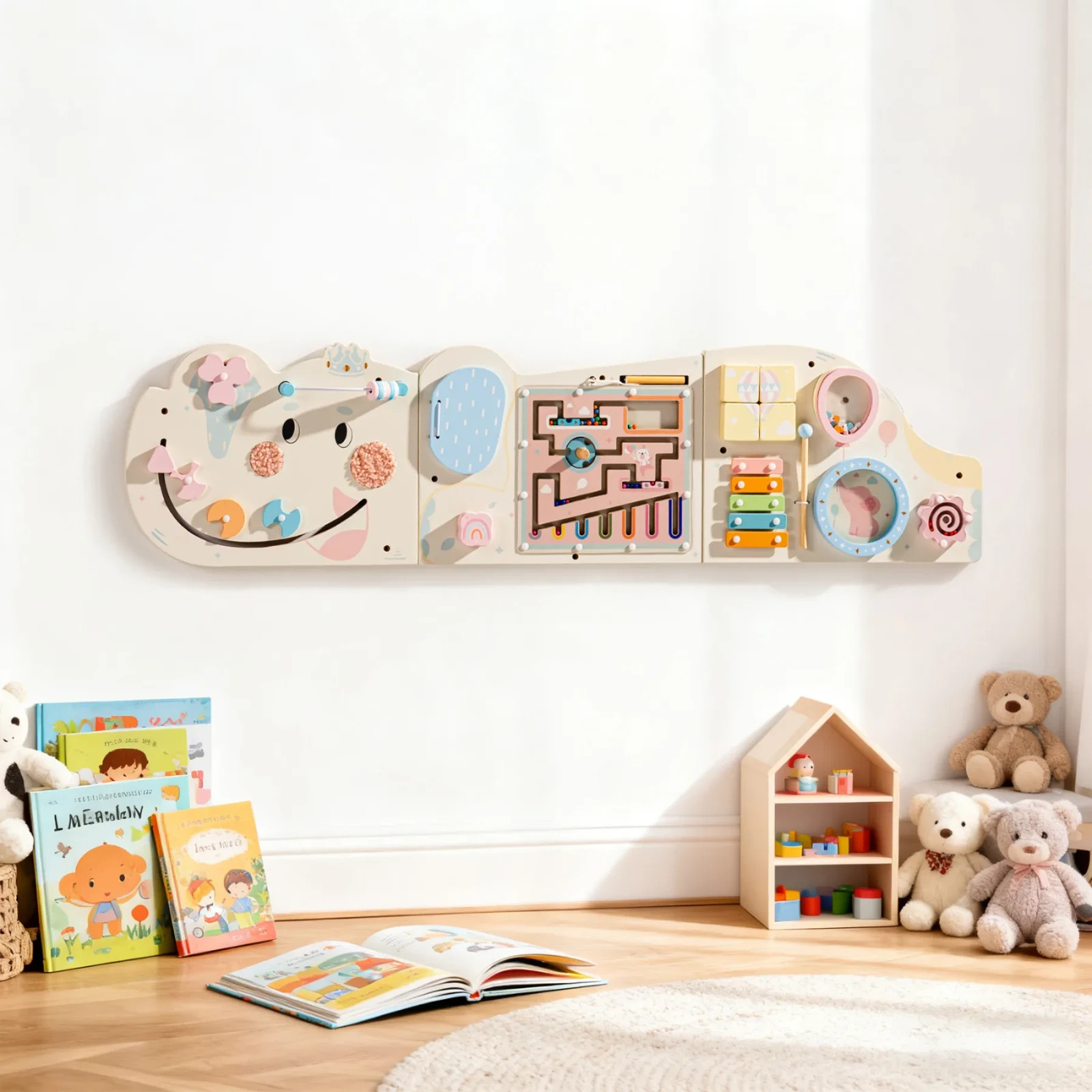 ROBUD Wooden Cream Elephant Busy Board Montessori Sensory Wall Toy for 1-3 kids