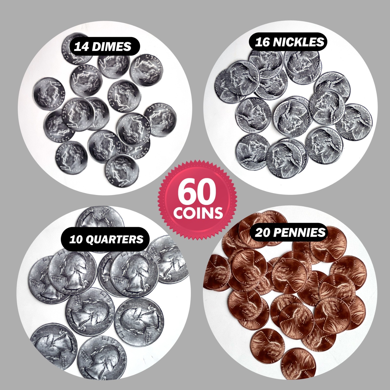 Kids Money Learning Activity Stickers, 60 US Practice Coins, Kindergarten Math