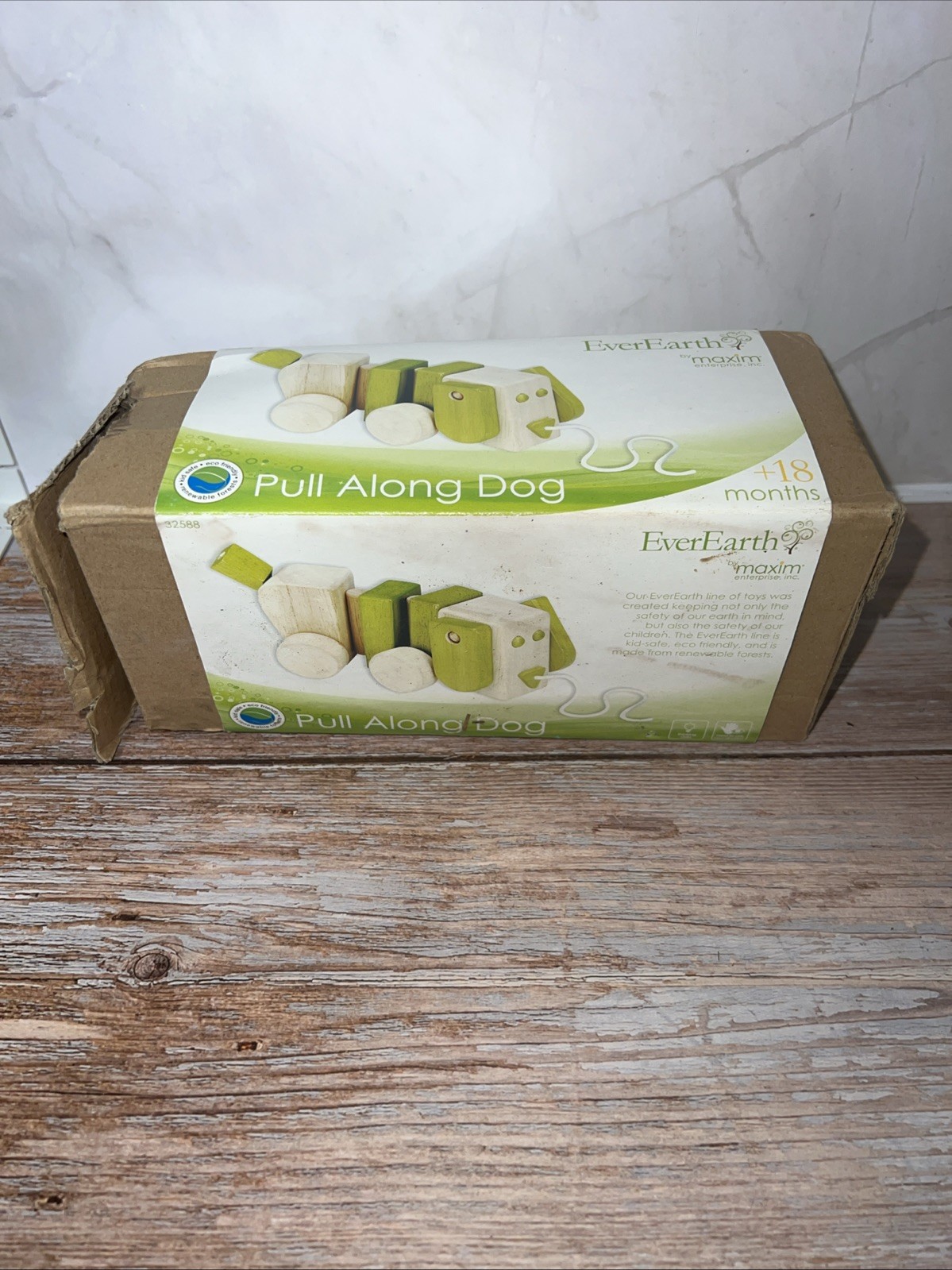 2009 Everearth Pull Along Green Dog RARE wooden Toddler/Baby Toy Ever Earth~