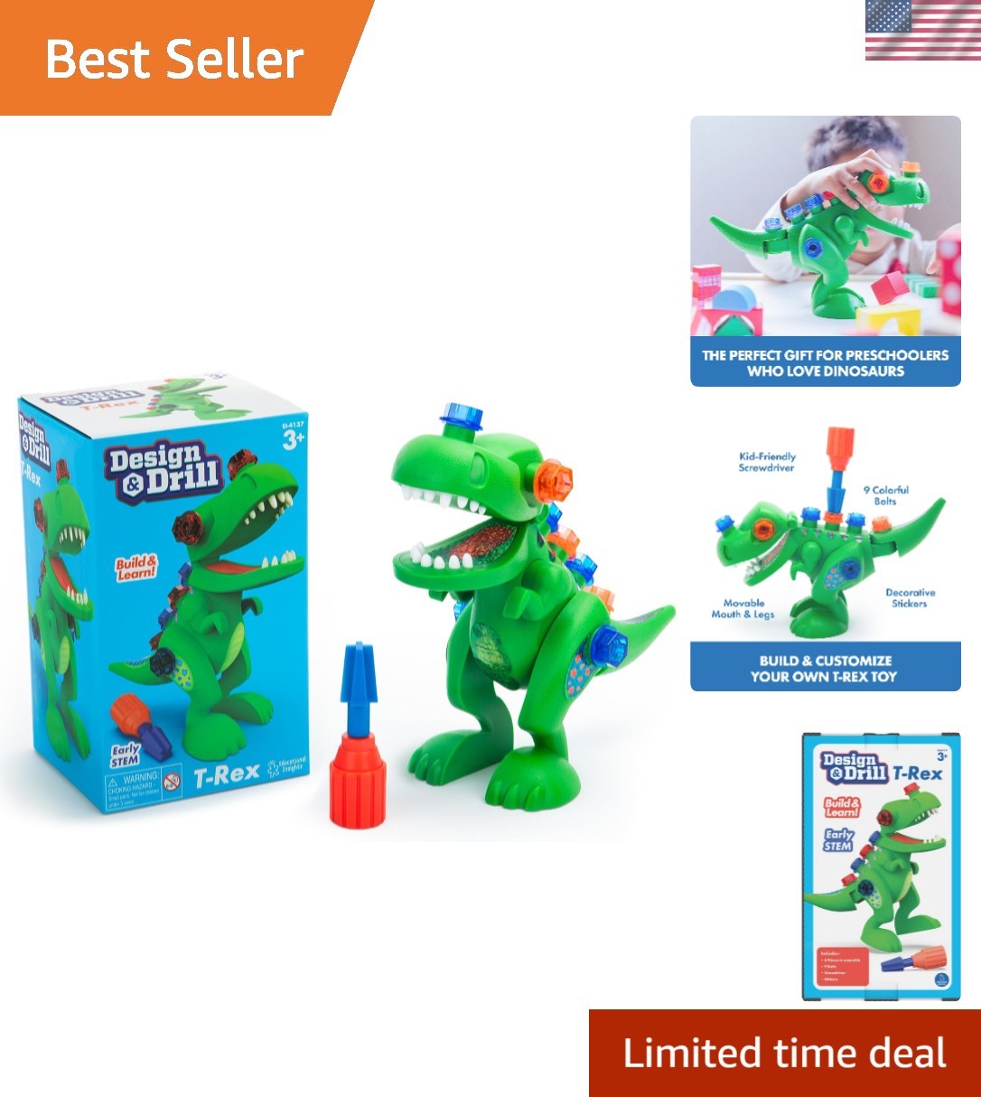 Interactive Design & Drill T-Rex: 12-Piece Toy for Motor Skills Development