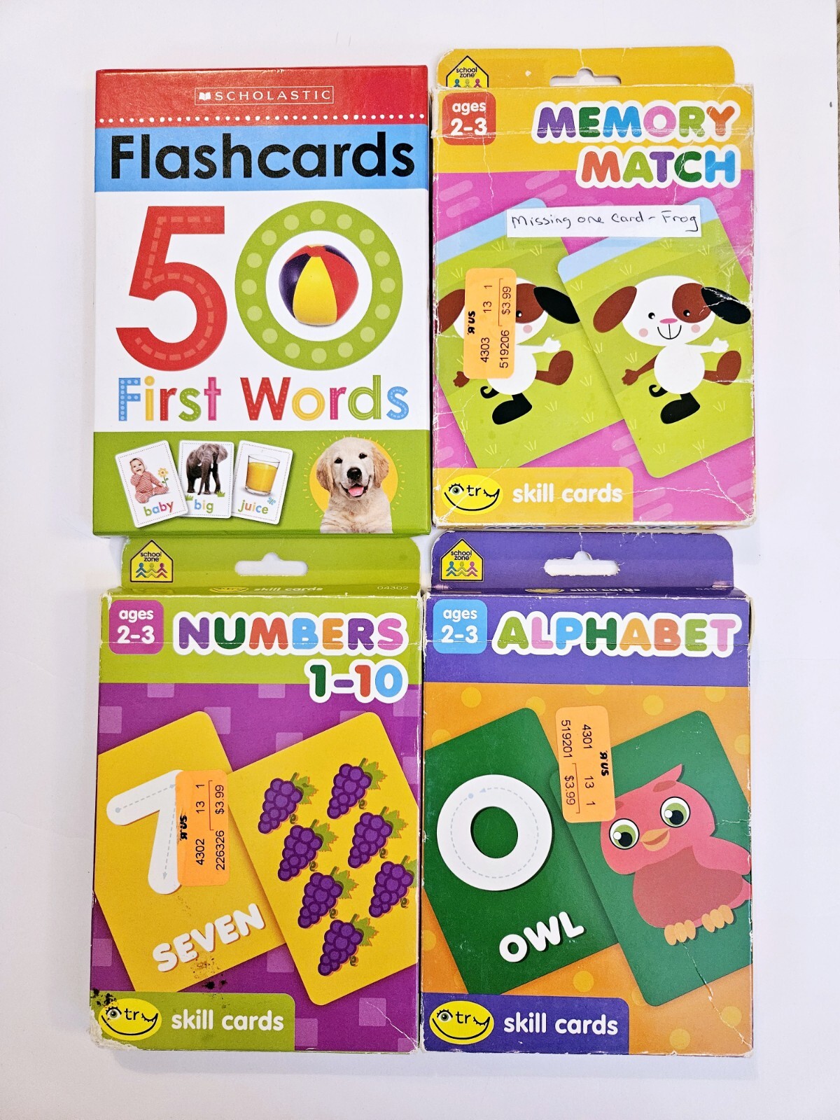 Lot 4 Scholastic First Words & School Zone ABC’s Numbers Memory Match Flashcards