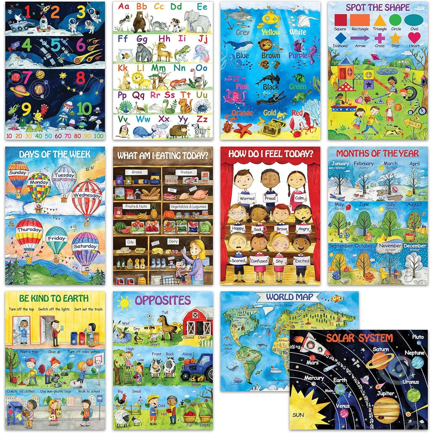 12 Kids Educational Posters 13×18 for Preschoolers & Toddlers for Homeschool