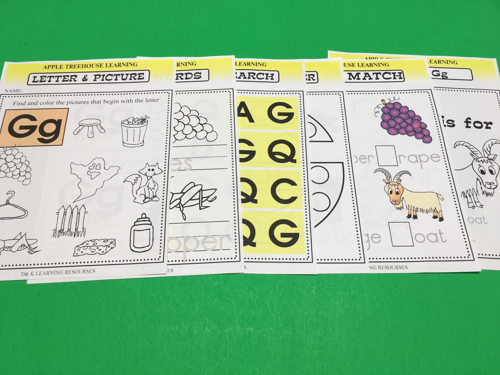 Letter Gg – Apple Treehouse Worksheets – Preschool Teaching supplies 20pgs