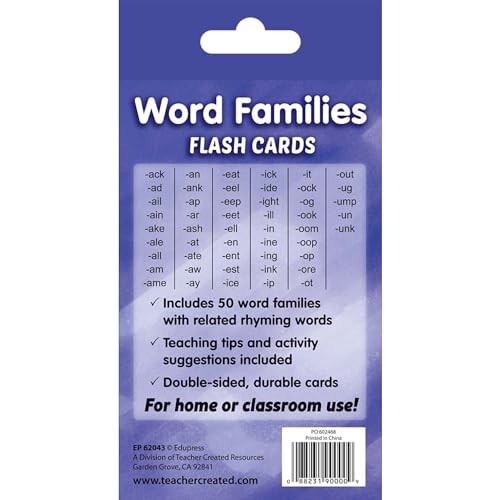 Word Families Flash Cards 56 Double Sided Cards Language Skills 3-1/8×5-1/8