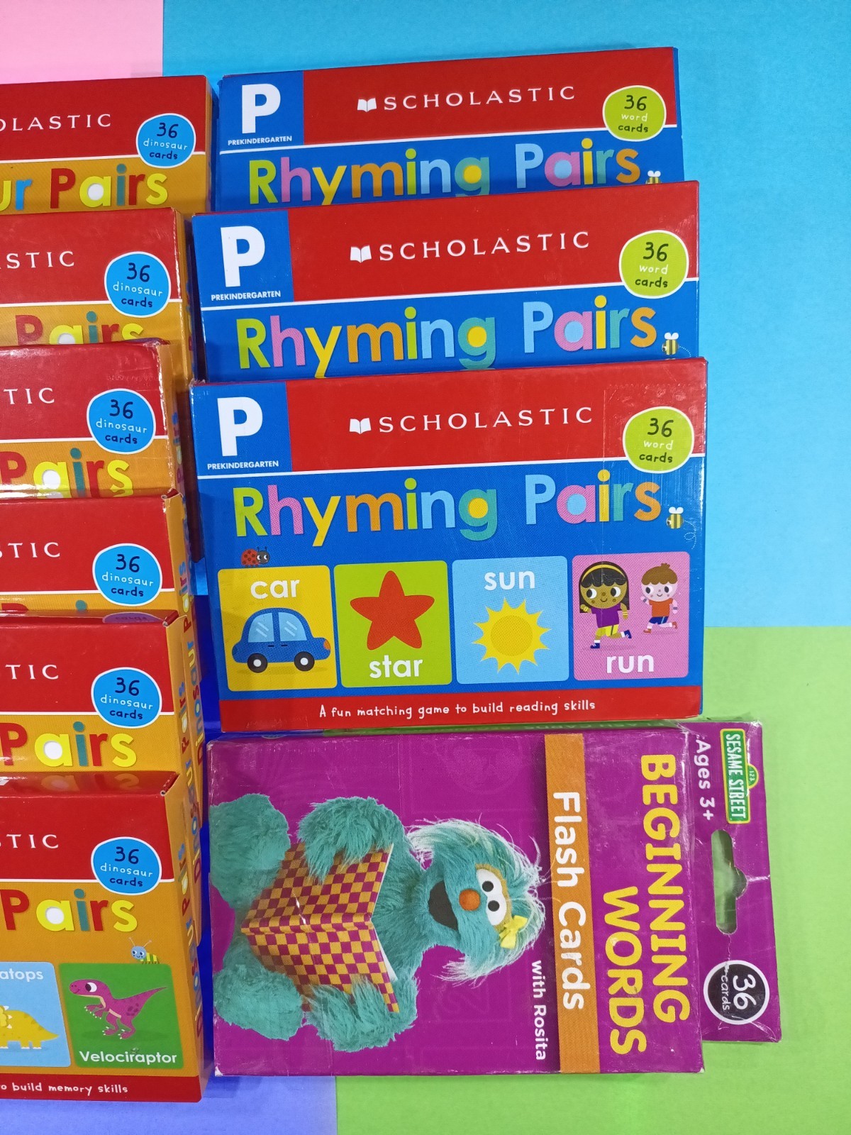 Scholastic Sesame Street Dinosaur Rhyming Words Flash Cards Matching Lot of 10