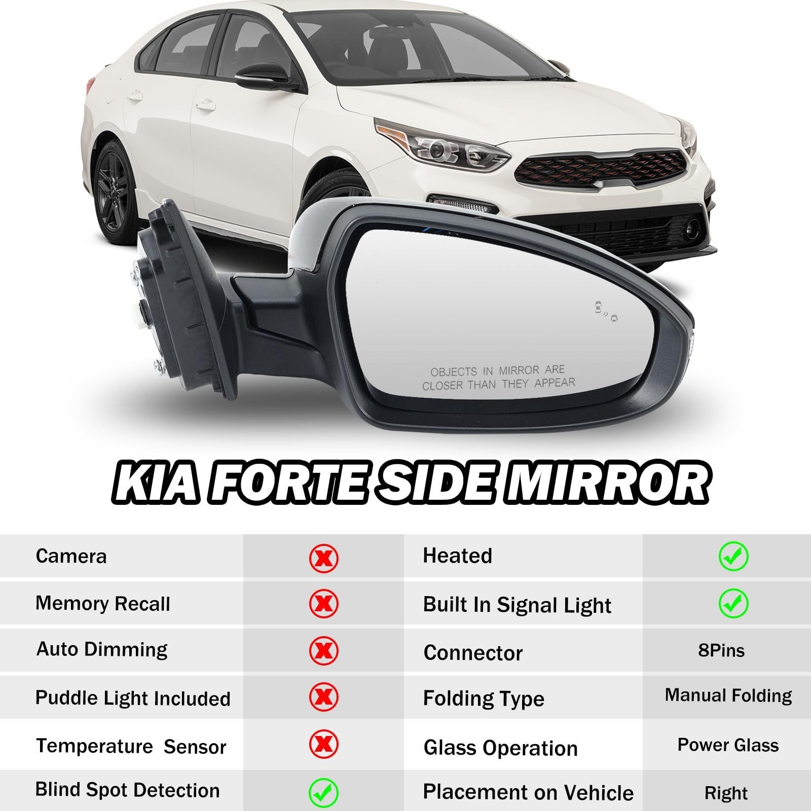 Right Passenger Side Mirror Fits 2019 2020 2021 2022 2023 KIA Forte Mirrors w…