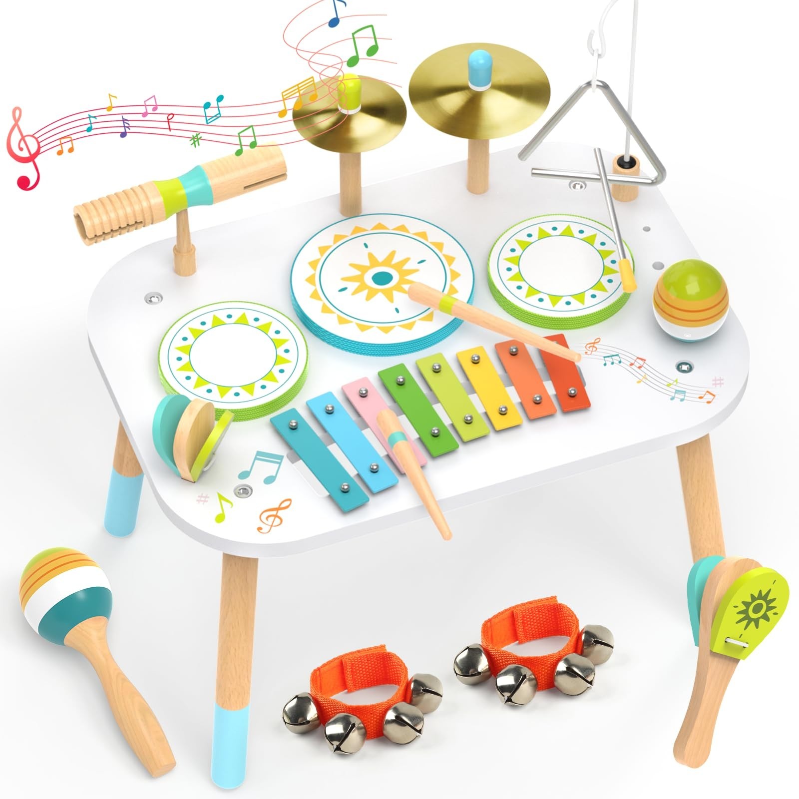 12-in-1 Drum Set for Toddlers 1-3,Baby Musical Instruments Table ,Wooden…