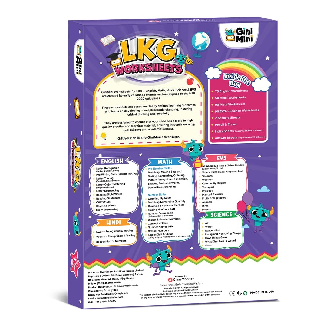 300 LKG Worksheets for Ages 3.5+ | English, Math, EVS, Science & Hindi, Index…