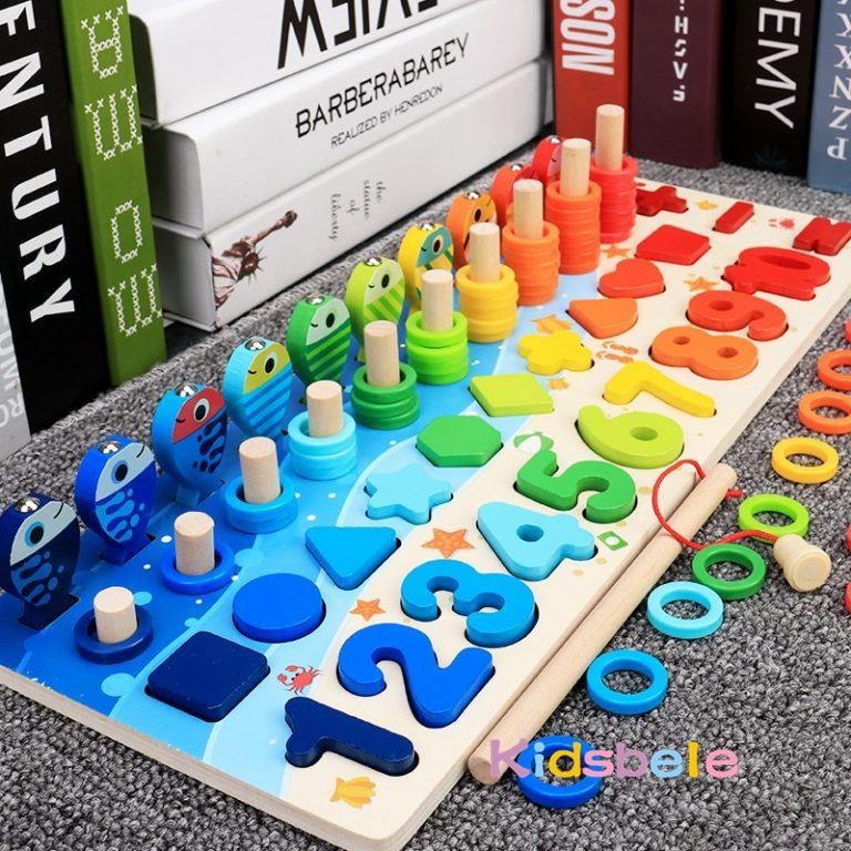 Kids Montessori Maths Wooden Puzzles Toddlers Counting Shapes Sorting Board