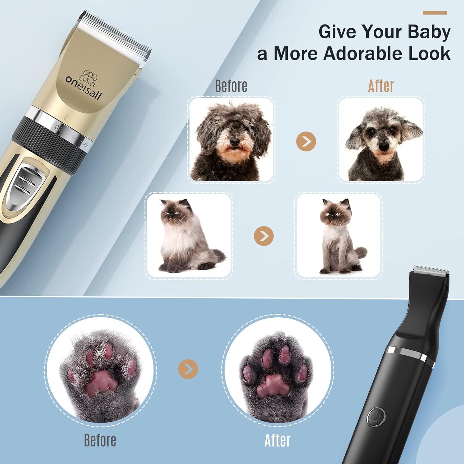 oneisall Dog Grooming Clippers and Paw Trimmer Kit 2 in 1 Quiet Cordless Dog