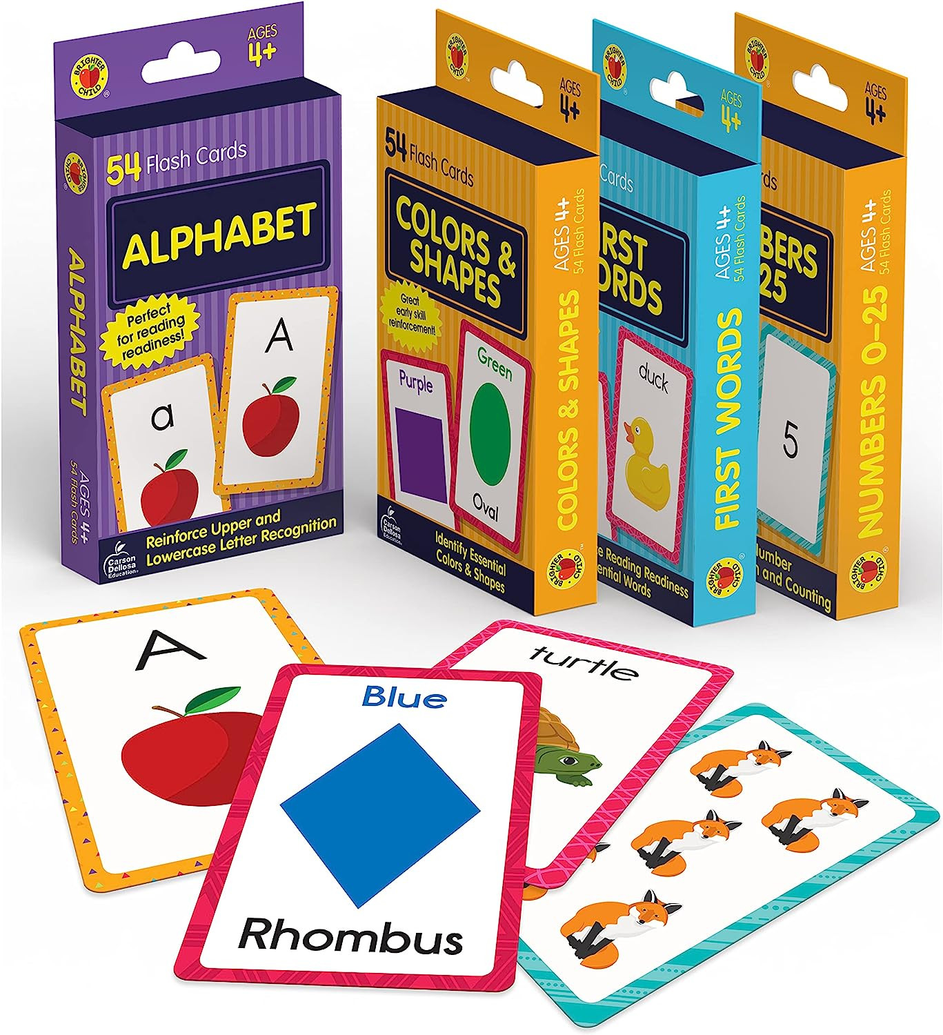 4-Pack Toddler Flash Cards – Alphabet Word Colors/Shapes Numbers Learning Age 4+