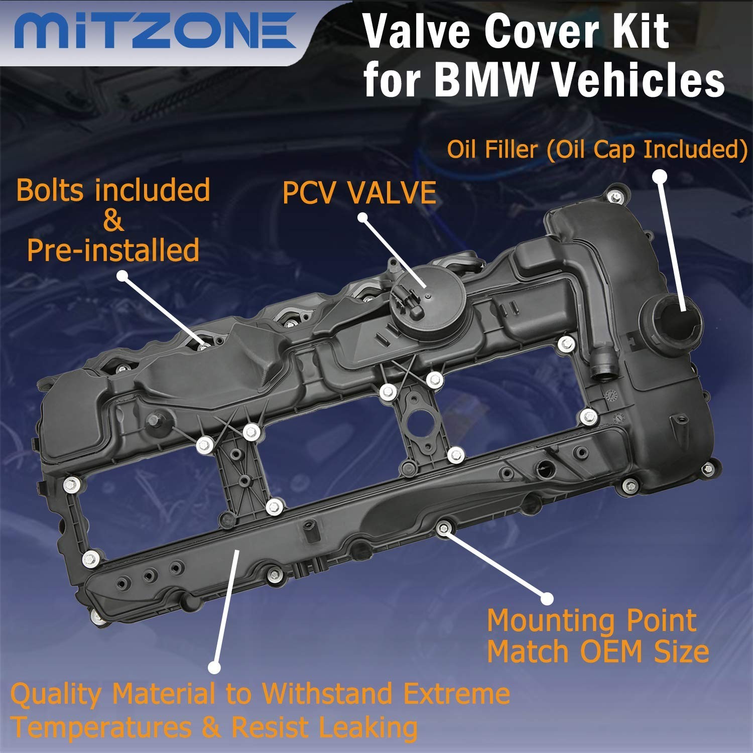 MITZONE N55 Engine Valve Cover with Gasket Bolts Kit & Oil Cap for BMW 2010-2…