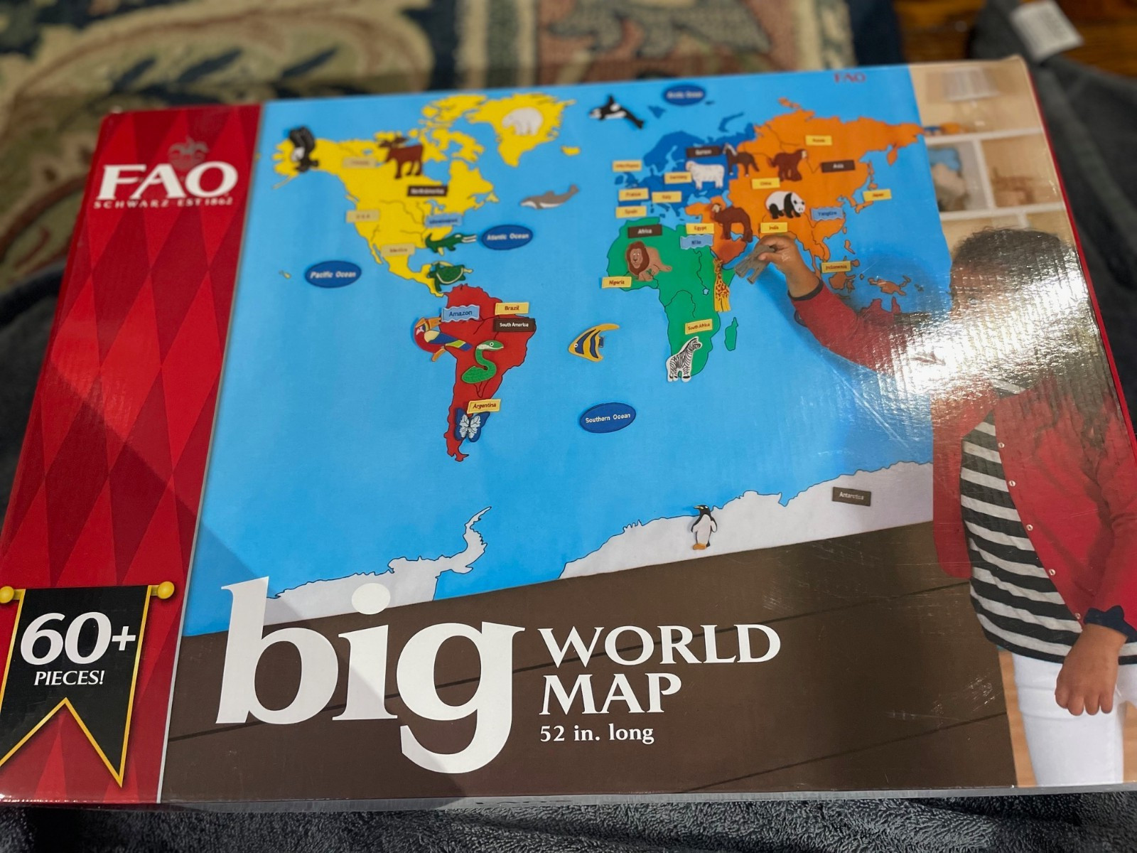 FAO Schwarz Big World Map 52”x35” Hanging Play Map w/ 60 Removable Pieces Comp.