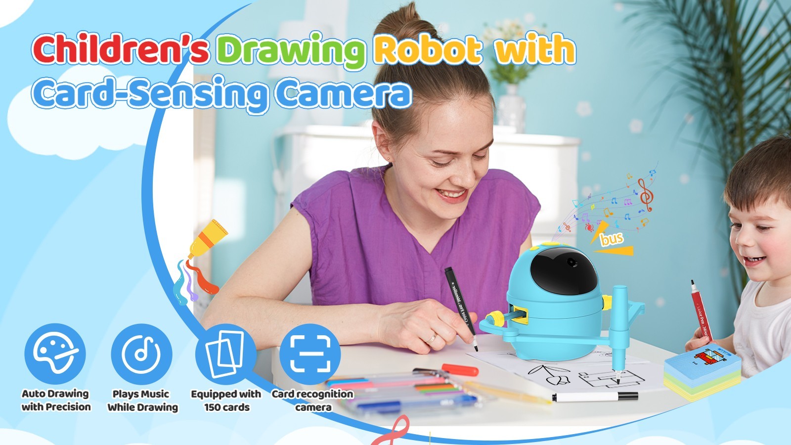 Kids Drawing Robot with Camera, 150 Learning Cards & 17 Colored Pens, STEM Art M