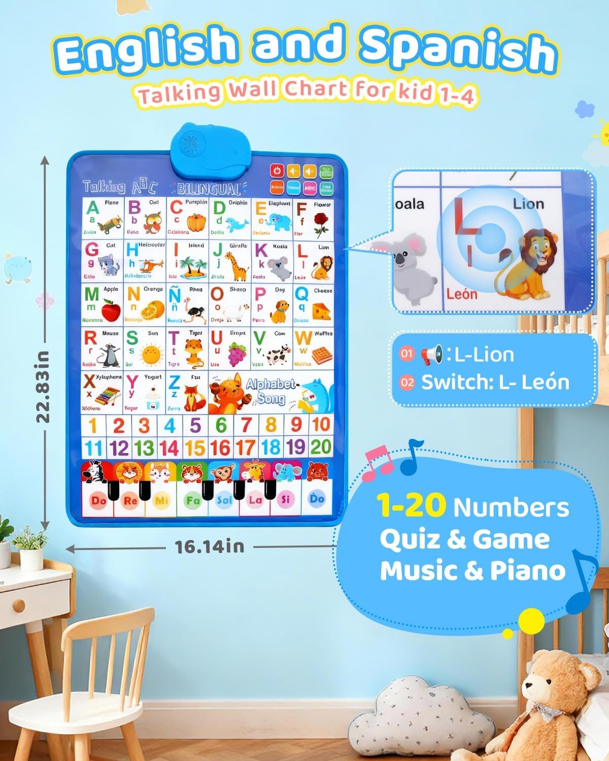 Spanish Alphabet Talking Wall Chart Toddlers 1-6 ABC 123 Interactive Music Quiz