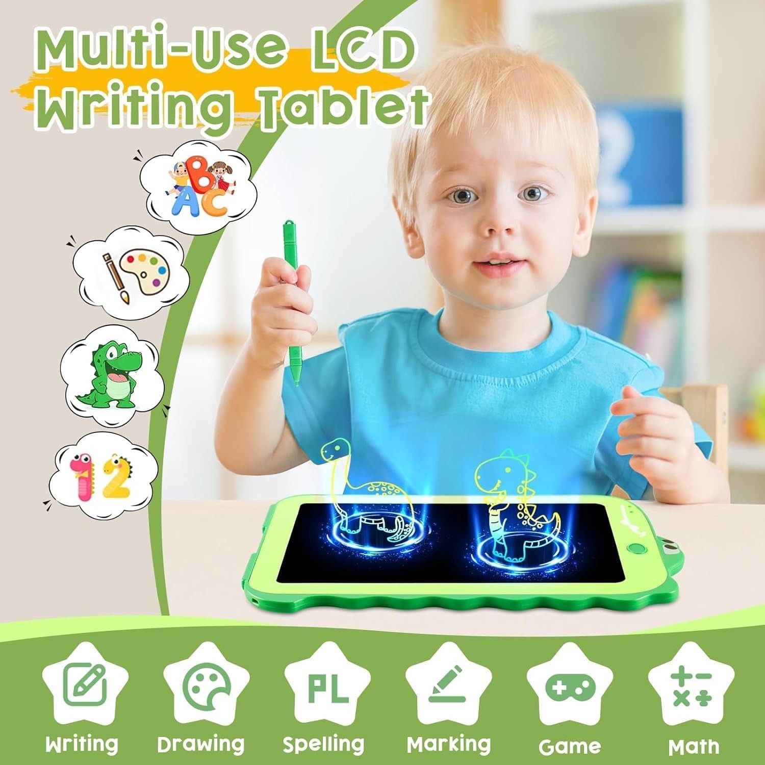 Teriph LCD 8.5″ Writing Tablet for Kids, Green Dinosaur Design, NEW