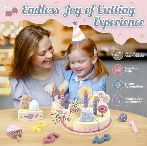 Wooden Kids Kitchen Toy Birthday Cake Pretend Play Cutting Food Educational Gift