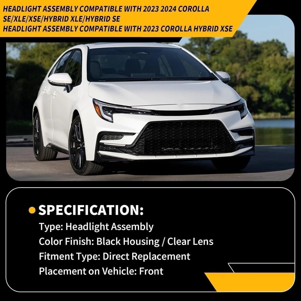 Right Passenger Side Headlight Assembly Compatible with 2023-2024 Corolla right