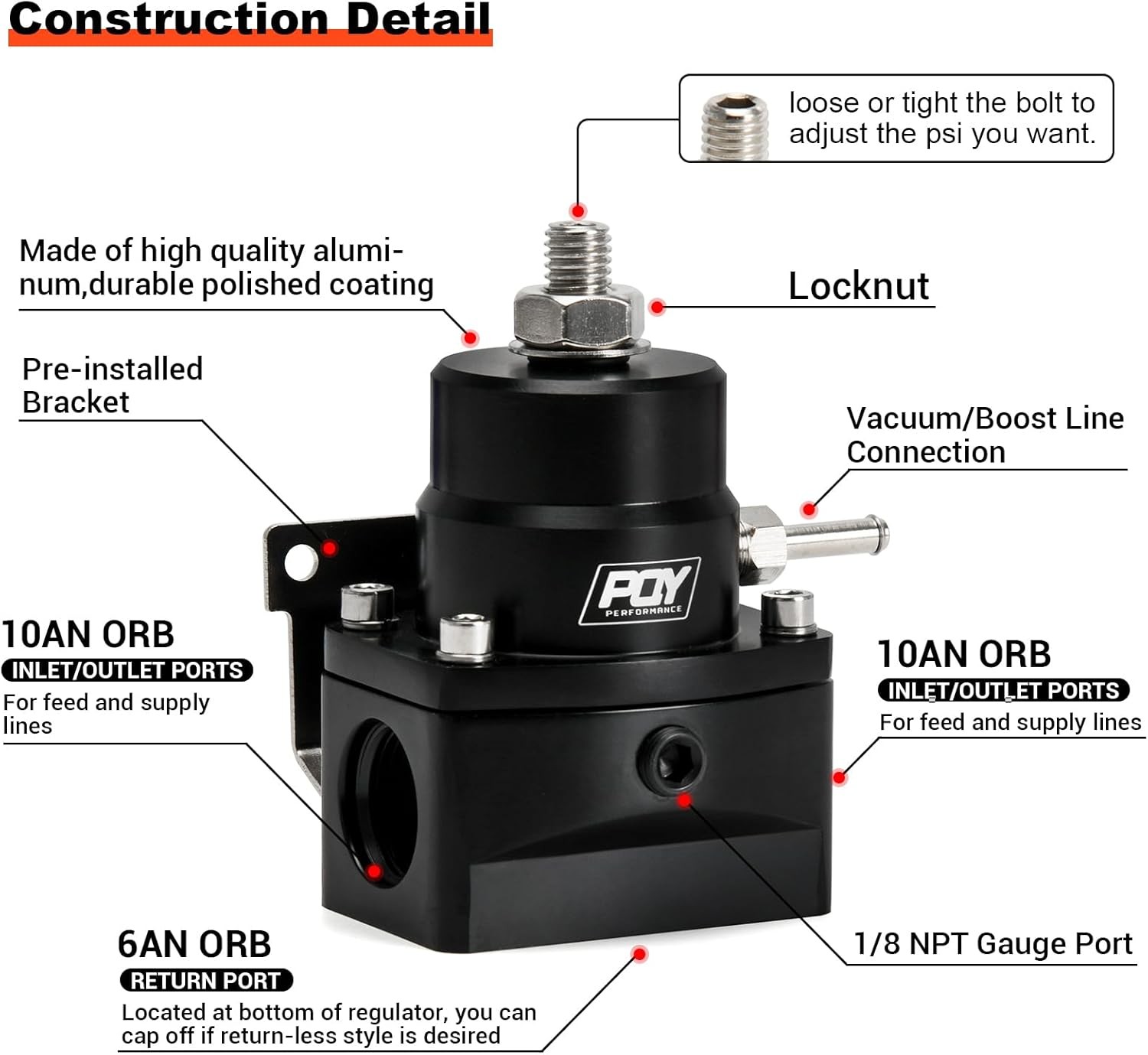 Adjustable Fuel Pressure Regulator Kit 3-110PSI with AN10 Feed Port and AN6