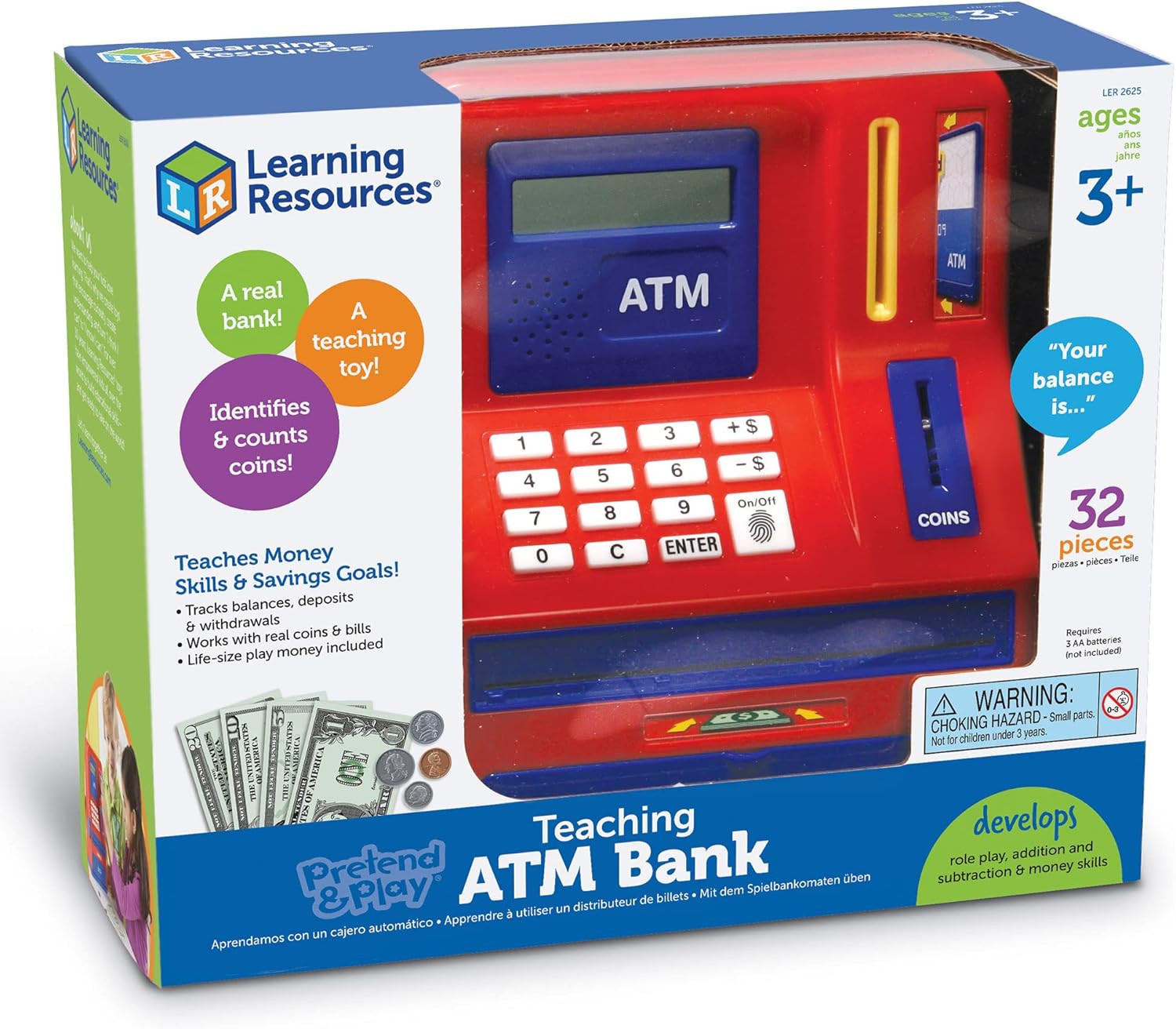 Teaching ATM Bank – 32 Pieces, Ages 3+ Toddler Learning Toys, Cash Register for