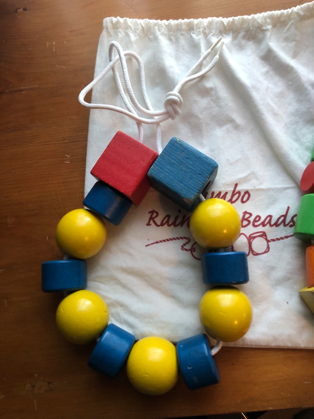 Set of 31 Jumbo Rainbo Lacing Beads Wooden Shapes Colors w/ Strings& Storage Bag