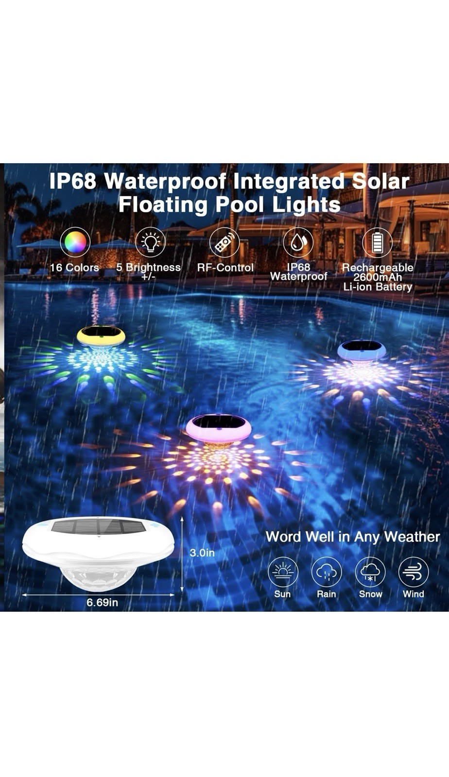 Solar Powered and USB Rechargeable Floating Pool Lights, 6.69 Inch IP68