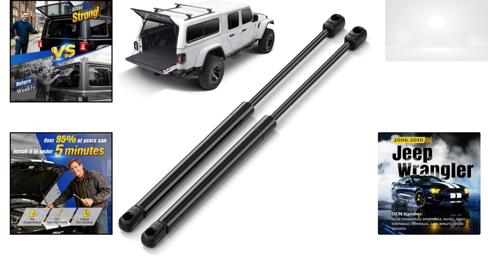 Rear Window Struts for Jeep Wrangler 2007-2010 Glass Lift Supports 2 Pack Black