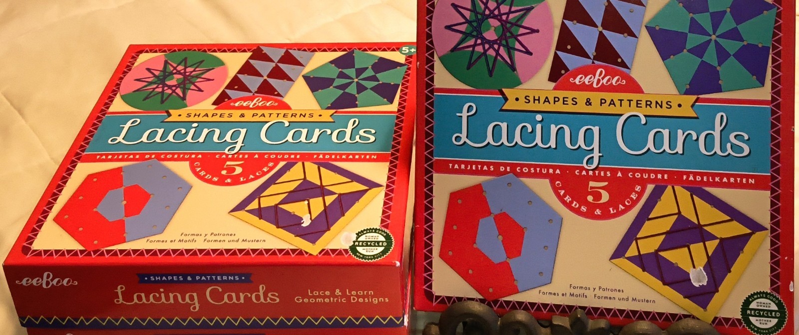 3 eeBoo Shapes & Patterns Lacing Cards Lace & Learn Geometric Designs Age 5+